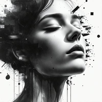 The primary subject of the image is a woman with her eyes closed, possibly sleeping or resting. The setting is a black and white background, which adds a dramatic and artistic touch to the scene. The visual style is a combination of digital art and illustration, creating a striking and visually appealing portrait. The colors and mood of the image are predominantly black and white, with a hint of red, which adds a sense of warmth and depth to the composition.